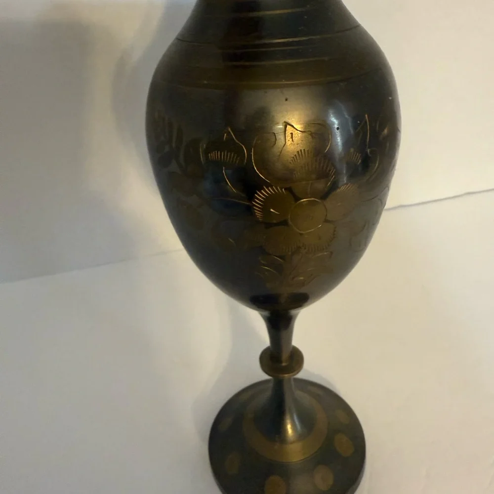 Vintage Brass Tall Skinny Vase Hand Etched Flowers Made in India